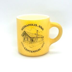 Vintage Milk Glass Mug Mediapolis Iowa, 100th Anniversary Train Depot Yellow